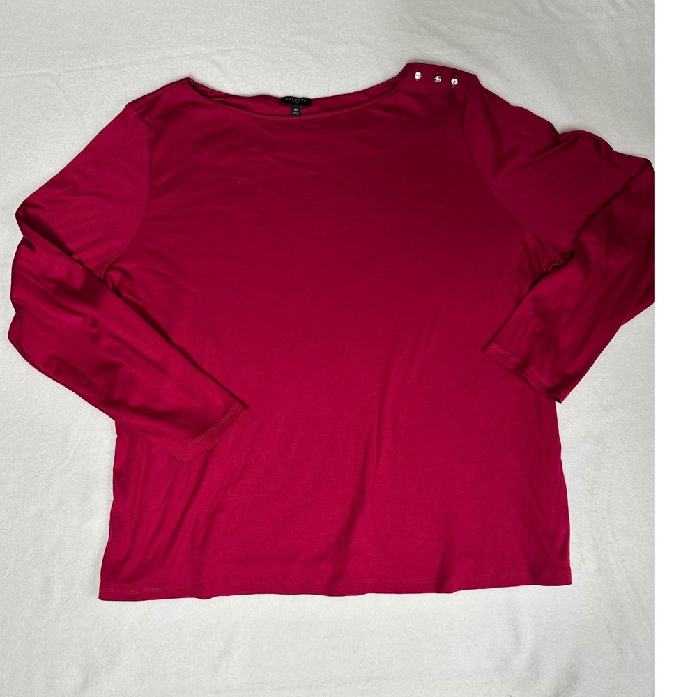 Talbots Woman 2X Red Long Sleeve‎ Top Boat Neck Rhinestone Button Detail
